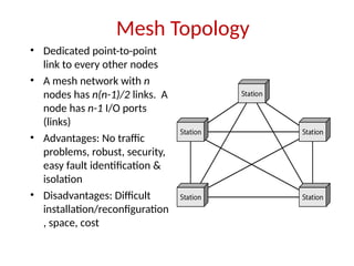 Mesh Topology
• Dedicated point-to-point
link to every other nodes
• A mesh network with n
nodes has n(n-1)/2 links. A
node has n-1 I/O ports
(links)
• Advantages: No traffic
problems, robust, security,
easy fault identification &
isolation
• Disadvantages: Difficult
installation/reconfiguration
, space, cost
 