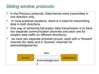Sliding window protocols:
 In the Previous protocols ,Data frames were transmitted in
one direction only.
 In most practical situations ,there is a need for transmitting
data in both directions.
 One way of achieving full-duplex data transmission is to have
two separate communication channels and each one for
simplex data traffic (in different directions)
 we have two separate physical circuits ,each with a “forward”
channel (for data) and a “reverse” channel( for
acknowledgements).
source Destination
Data
Acknowledgement
s
 