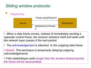 Sliding window protocols:
 Piggybacking:
source Destination
Frame sent(Frame1)
Ack(frame1)+Frame
2
• When a data frame arrives, instead of immediately sending a
separate control frame, the receiver restrains itself and waits until
the network layer passes it the next packet.
• The acknowledgement is attached to the outgoing data frame
• Disadv: This technique is temporarily delaying outgoing
acknowledgements.
• If the datalinklayer waits longer than the senders timeout period,
the frame will be retransmitted.
 