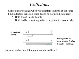Collisions
A B
A B
Collisions are caused when two adaptors transmit at the same
time (adaptors sense collision based on voltage differences)
• Both found line to be idle
• Both had been waiting to for a busy line to become idle
A starts at
time 0
Message almost
there at time T when
B starts – collision!
How can we be sure A knows about the collision?
 