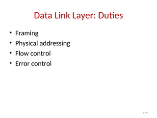 2-49
Data Link Layer: Duties
• Framing
• Physical addressing
• Flow control
• Error control
 