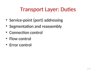 2-53
Transport Layer: Duties
• Service-point (port) addressing
• Segmentation and reassembly
• Connection control
• Flow control
• Error control
 