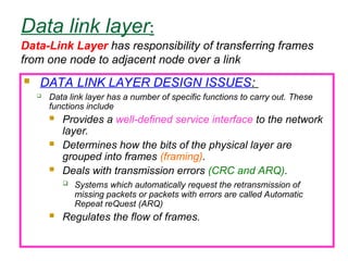 Data link layer:
 DATA LINK LAYER DESIGN ISSUES:
 Data link layer has a number of specific functions to carry out. These
functions include
 Provides a well-defined service interface to the network
layer.
 Determines how the bits of the physical layer are
grouped into frames (framing).
 Deals with transmission errors (CRC and ARQ).
 Systems which automatically request the retransmission of
missing packets or packets with errors are called Automatic
Repeat reQuest (ARQ)
 Regulates the flow of frames.
Data-Link Layer has responsibility of transferring frames
from one node to adjacent node over a link
 