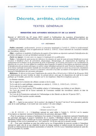 Décrets, arrêtés, circulaires
TEXTES GÉNÉRAUX
MINISTÈRE DES AFFAIRES SOCIALES ET DE LA SANTÉ
Décret no
2017-412 du 27 mars...