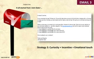 Strategy 3: Curiosity + Incentive + Emotional touch
It all started from <Join Date> ..
Subject line
EMAIL 3
CASE STUDY OF
 