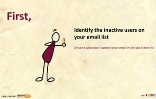Identify the inactive users on
your email list
(Anyone who hasn’t opened your email in the last 6 months)
First,
CASE STUDY OF
 