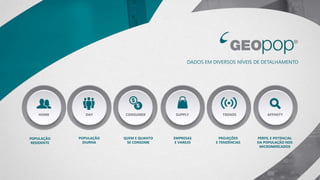 DADOS EM DIVERSOS NÍVEIS DE DETALHAMENTO
POPULAÇÃO
RESIDENTE
EMPRESAS
E VAREJO
PROJEÇÕES
E TENDÊNCIAS
HOME SUPPLY TRENDS
PERFIL E POTENCIAL
DA POPULAÇÃO NOS
MICROMERCADOS
AFFINITY
POPULAÇÃO
DIURNA
DAY
QUEM E QUANTO
SE CONSOME
CONSUMER
 