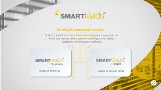 O SmartLeads® é a única base de dados para prospecção do
Brasil, que agrega dados geomercadológicos aos dados
cadastrais de empresas e pessoas
PROSPECÇÃO COM ASSERTIVIDADE
Dados de empresas Dados de pessoas físicas
 