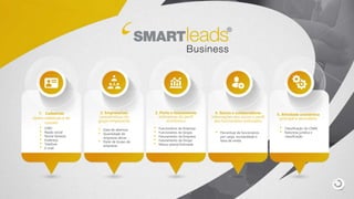 1. Cadastrais
dados cadastrais e de
contato
• CNPJ
• Razão social
• Nome fantasia
• Endereço
• Telefone
• E-mail
2. Empresariais
características do
grupo empresarial
• Data de abertura
• Quantidade de
empresas ativas
• Parte de Grupo de
empresas
3. Porte e faturamento
estimativas do perfil
econômico
• Funcionários da Empresa
• Funcionários do Grupo
• Faturamento da Empresa
• Faturamento do Grupo
• Massa salarial Estimada
4. Sócios e colaboradores
informações dos sócios e perfil
dos funcionários (estimado)
• Percentual de funcionários
por cargo, escolaridade e
faixa de renda.
5. Atividade econômica
principal e secundária
• Classificação do CNAE
• Natureza jurídica e
classificação
 