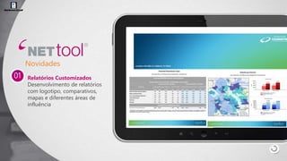 Relatórios Customizados
Desenvolvimento de relatórios
com logotipo, comparativos,
mapas e diferentes áreas de
influência
01
Novidades
 