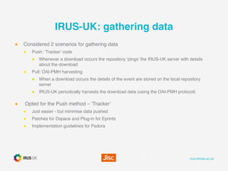 irus.mimas.ac.uk
IRUS-UK: gathering data
● Considered 2 scenarios for gathering data
● Push: ‘Tracker’ code
● Whenever a d...