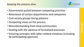 Keeping the process alive
Challenges
• Government pulled between competing priorities
• Reluctance of certain departments and companies
• Civil society groups losing patience
• Competing views on the process
• Misunderstanding from local communities
• Dealing with the absence of formalized processes
• Ensuring synergies with other related initiatives (including
by participating agencies)
 