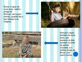 Bruno o rapaz de
nove anos, melhor
amigo de
Shmuel, com quem
morreu, quando fez o
seu baloiço e se
magoou.




                       Shmuel o rapaz
                       também de nove
                       anos, que
                       passava os dias
                       sentado no chão
                       de pernas
                       cruzadas, e o
                       melhor amigo de
                       Bruno, com
                       quem morreu.
 