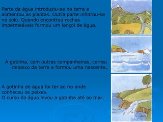 A gotinha de água foi ter ao rio onde conheceu os peixes. O curso da água levou a gotinha até ao mar.                                                                                A gotinha, com outras companheiras, correu debaixo da terra e formou uma nascente .     Parte da água introduziu-se na terra e alimentou as plantas. Outra parte infiltrou-se no solo. Quando encontrou rochas impermeáveis formou um lençol de água. 
