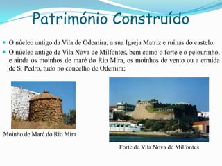 Património Construído
 O núcleo antigo da Vila de Odemira, a sua Igreja Matriz e ruínas do castelo.
 O núcleo antigo de Vila Nova de Milfontes, bem como o forte e o pelourinho,
e ainda os moinhos de maré do Rio Mira, os moinhos de vento ou a ermida
de S. Pedro, tudo no concelho de Odemira;
Moinho de Maré do Rio Mira
Forte de Vila Nova de Milfontes
 