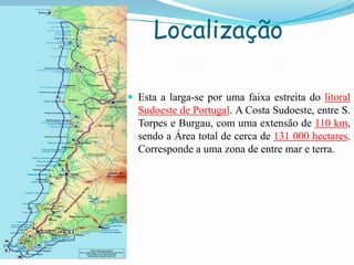 Localização
 Esta a larga-se por uma faixa estreita do litoral
Sudoeste de Portugal. A Costa Sudoeste, entre S.
Torpes e Burgau, com uma extensão de 110 km,
sendo a Área total de cerca de 131 000 hectares.
Corresponde a uma zona de entre mar e terra.
 