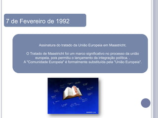 7 de Fevereiro de 1992


               Assinatura do tratado da União Europeia em Maastricht.

       O Tratado de Maastricht foi um marco significativo no processo da união
            europeia, pois permitiu o lançamento da integração política. .
      A "Comunidade Europeia" é formalmente substituída pela "União Europeia".
 