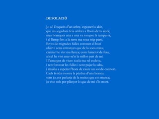 DESOLACIÓ   Jo só l'esqueix d'un arbre, esponerós ahir,  que als segadors feia ombra a l'hora de la sesta;  mes branques una a una va rompre la tempesta,  i el llamp fins a la terra ma soca mig-partí.  Brots de migrades fulles coronen el bocí  obert i sens entranyes que de la soca resta;  cremar he vist ma llenya; com fumerol de fesa,  al cel he vist anar-se'n la millor part de mi.  I l'amargor de viure xucla ma rel esclava,  i sent brostar les fulles i sent pujar la saba,  i m'aida a esperar l'hora de caure un sol de conhort.  Cada ferida mostra la pèrdua d'una branca:  sens jo, res parlaria de la meitat que em manca;  jo visc sols per plànyer lo que de mi s'és mort.  