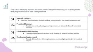 I use data to inform my decisions and actions, as well as regularly measuring and analyzing data to
track progress and identify areas for improvement
Joan Alonge
01 Strategic Insights:
● I leverage data for strategic decision-making, gaining insights that guide program direction.
02 Precision Planning:
● Data informs precise planning, ensuring resources are allocated efficiently for optimal
outcomes.
03 Proactive Problem-Solving:
● I use data to identify potential issues early, allowing for proactive problem-solving.
04 Continuous Improvement:
● Through data analysis, I drive ongoing improvements, adapting strategies for sustained
success.
 
