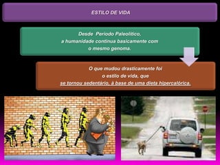 ESTILO DE VIDA



                         Desde Período Paleolítico,
a humanidade continua basicamente com
          o mesmo genoma.



                                           O que mudou drasticamente foi
                 o estilo de vida, que
se tornou sedentário, à base de uma dieta hipercalórica.




  http://www.wallstreetfitness.com.br/fique_por_dentro/artigo/4141/obesidade-morbida/
 