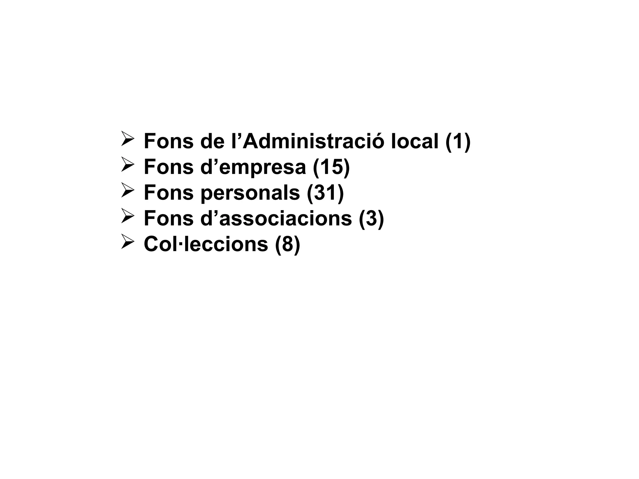Tipus de fons (50)
   Fons de l’Administració local (1)
   Fons d’empresa (15)
   Fons personals (31)
   Fons d’associacions (3)
   Col·leccions (8)
 