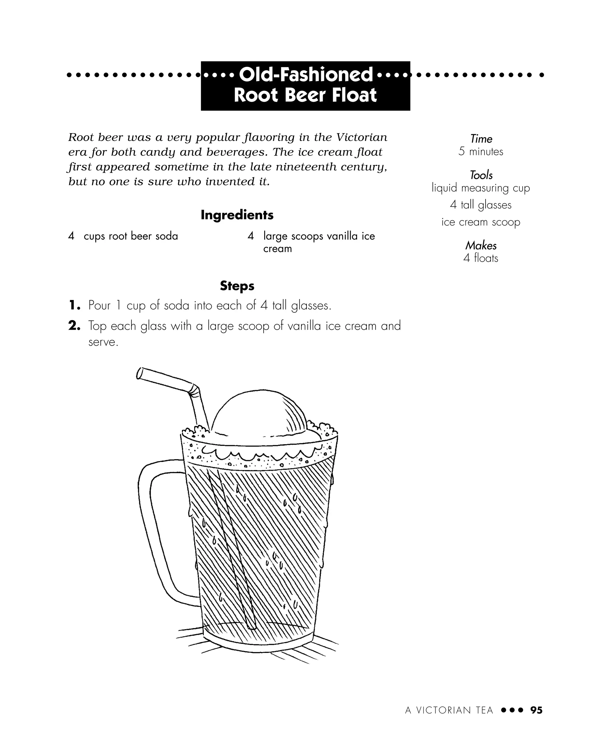 A VICTORIAN TEA ● ● ● 95
● ● ● ●
Old-Fashioned ● ● ● ●
Root Beer Float
Root beer was a very popular flavoring in the Victorian
era for both candy and beverages. The ice cream float
first appeared sometime in the late nineteenth century,
but no one is sure who invented it.
Ingredients
Steps
1. Pour 1 cup of soda into each of 4 tall glasses.
2. Top each glass with a large scoop of vanilla ice cream and
serve.
4 cups root beer soda 4 large scoops vanilla ice
cream
Time
5 minutes
Tools
liquid measuring cup
4 tall glasses
ice cream scoop
Makes
4 ﬂoats
 