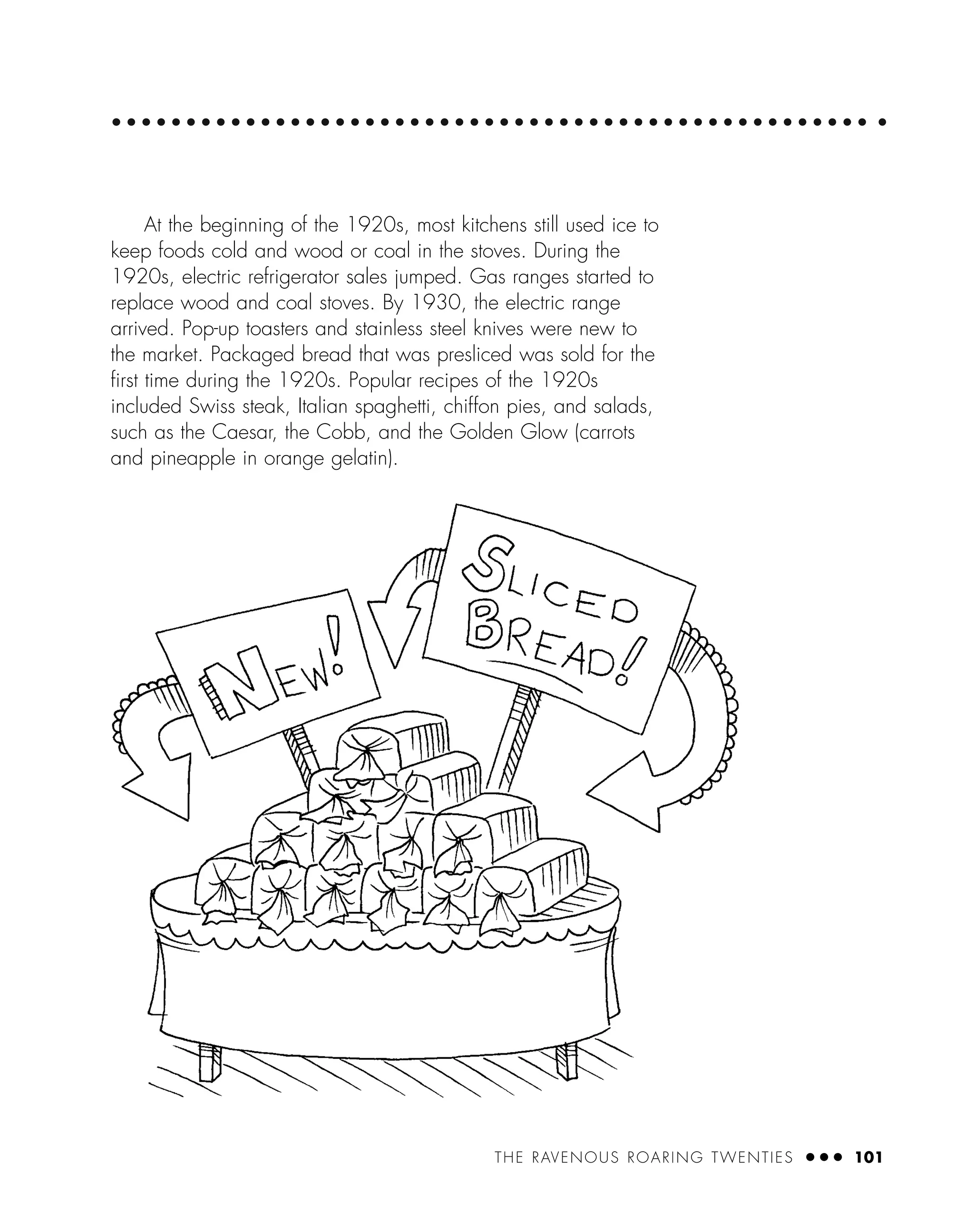THE RAVENOUS ROARING TWENTIES ● ● ● 101
At the beginning of the 1920s, most kitchens still used ice to
keep foods cold and wood or coal in the stoves. During the
1920s, electric refrigerator sales jumped. Gas ranges started to
replace wood and coal stoves. By 1930, the electric range
arrived. Pop-up toasters and stainless steel knives were new to
the market. Packaged bread that was presliced was sold for the
ﬁrst time during the 1920s. Popular recipes of the 1920s
included Swiss steak, Italian spaghetti, chiffon pies, and salads,
such as the Caesar, the Cobb, and the Golden Glow (carrots
and pineapple in orange gelatin).
 