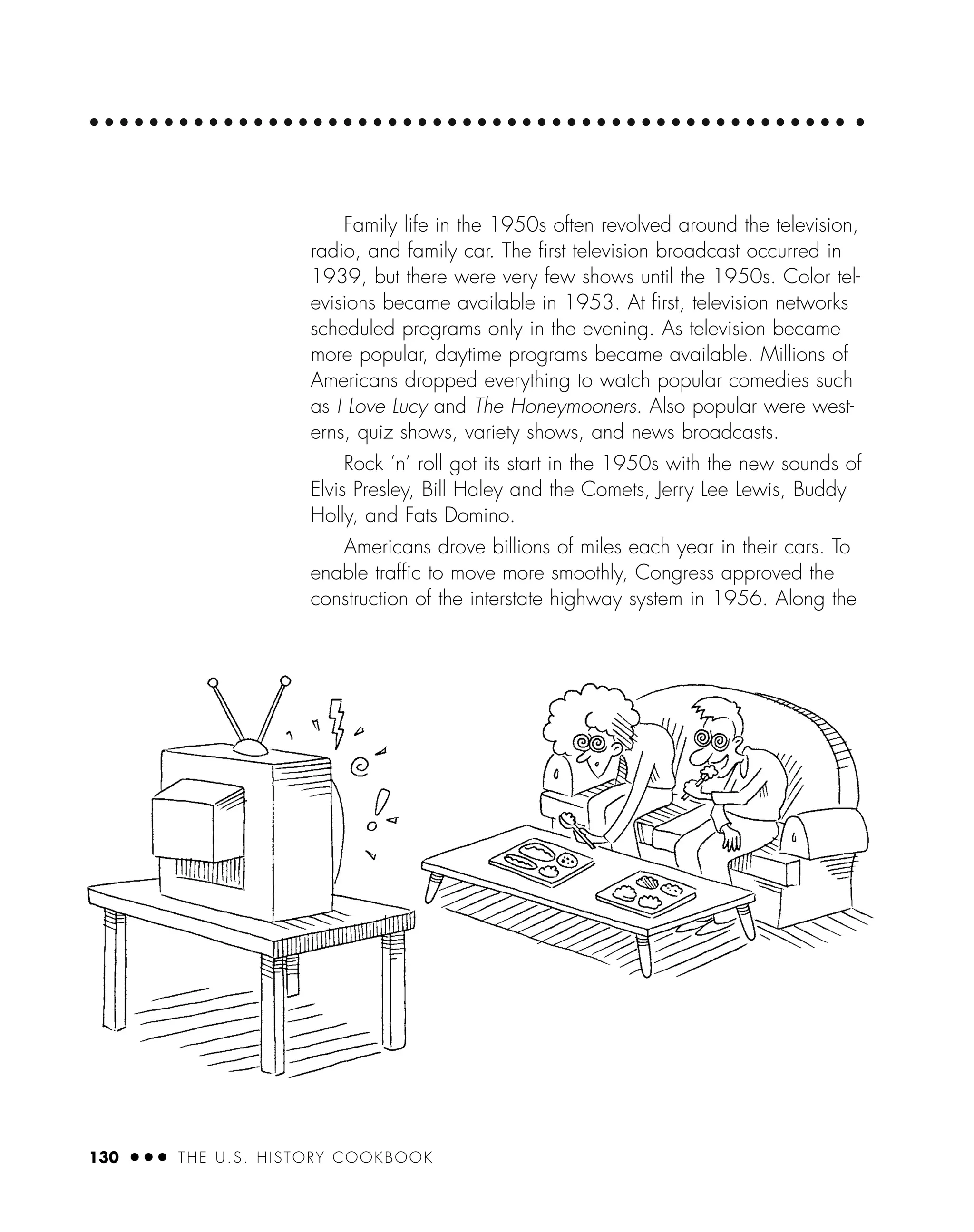 130 ● ● ● THE U.S. HISTORY COOKBOOK
Family life in the 1950s often revolved around the television,
radio, and family car. The ﬁrst television broadcast occurred in
1939, but there were very few shows until the 1950s. Color tel-
evisions became available in 1953. At ﬁrst, television networks
scheduled programs only in the evening. As television became
more popular, daytime programs became available. Millions of
Americans dropped everything to watch popular comedies such
as I Love Lucy and The Honeymooners. Also popular were west-
erns, quiz shows, variety shows, and news broadcasts.
Rock ’n’ roll got its start in the 1950s with the new sounds of
Elvis Presley, Bill Haley and the Comets, Jerry Lee Lewis, Buddy
Holly, and Fats Domino.
Americans drove billions of miles each year in their cars. To
enable trafﬁc to move more smoothly, Congress approved the
construction of the interstate highway system in 1956. Along the
 