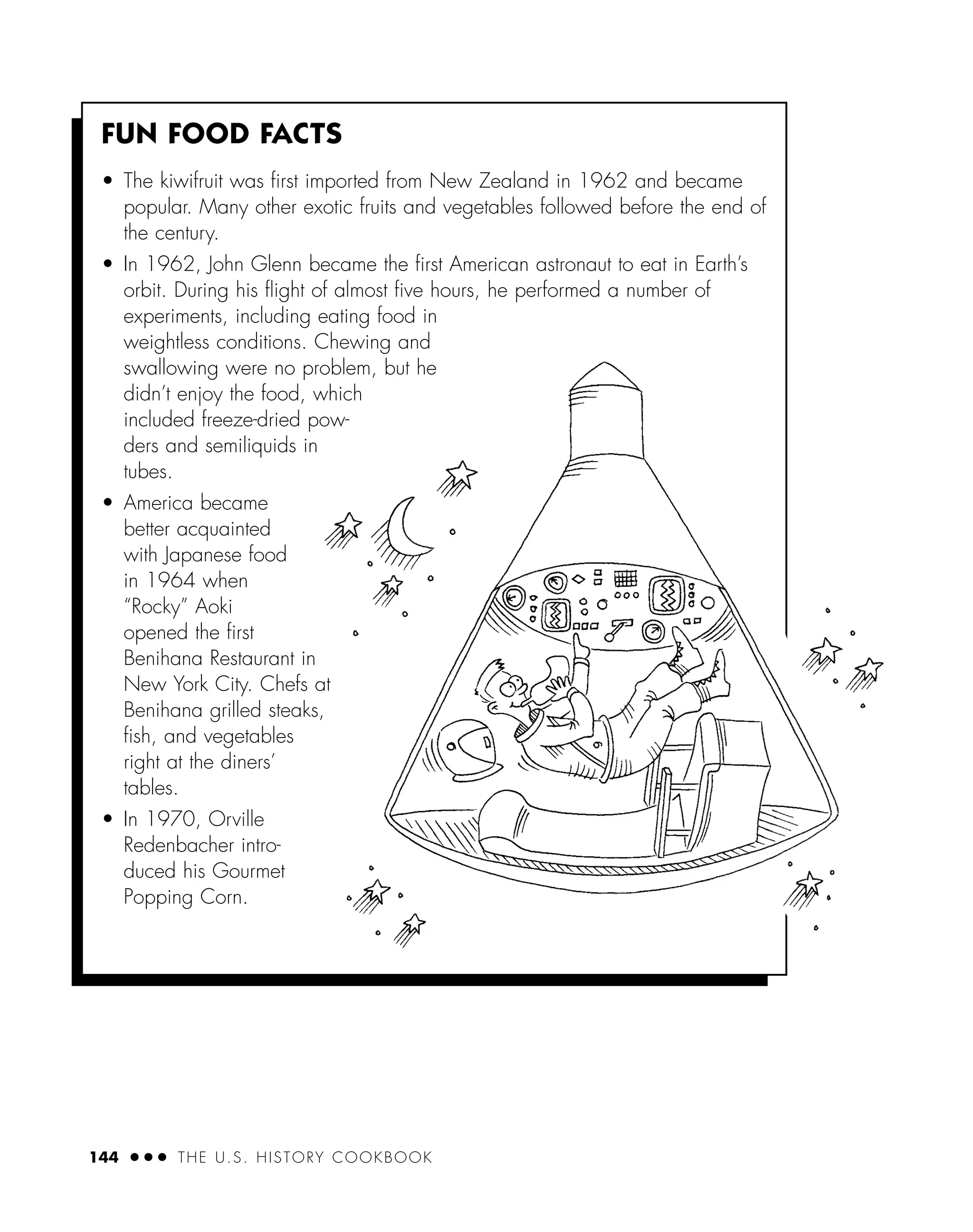 144 ● ● ● THE U.S. HISTORY COOKBOOK
FUN FOOD FACTS
• The kiwifruit was ﬁrst imported from New Zealand in 1962 and became
popular. Many other exotic fruits and vegetables followed before the end of
the century.
• In 1962, John Glenn became the ﬁrst American astronaut to eat in Earth’s
orbit. During his ﬂight of almost ﬁve hours, he performed a number of
experiments, including eating food in
weightless conditions. Chewing and
swallowing were no problem, but he
didn’t enjoy the food, which
included freeze-dried pow-
ders and semiliquids in
tubes.
• America became
better acquainted
with Japanese food
in 1964 when
“Rocky” Aoki
opened the ﬁrst
Benihana Restaurant in
New York City. Chefs at
Benihana grilled steaks,
ﬁsh, and vegetables
right at the diners’
tables.
• In 1970, Orville
Redenbacher intro-
duced his Gourmet
Popping Corn.
 
