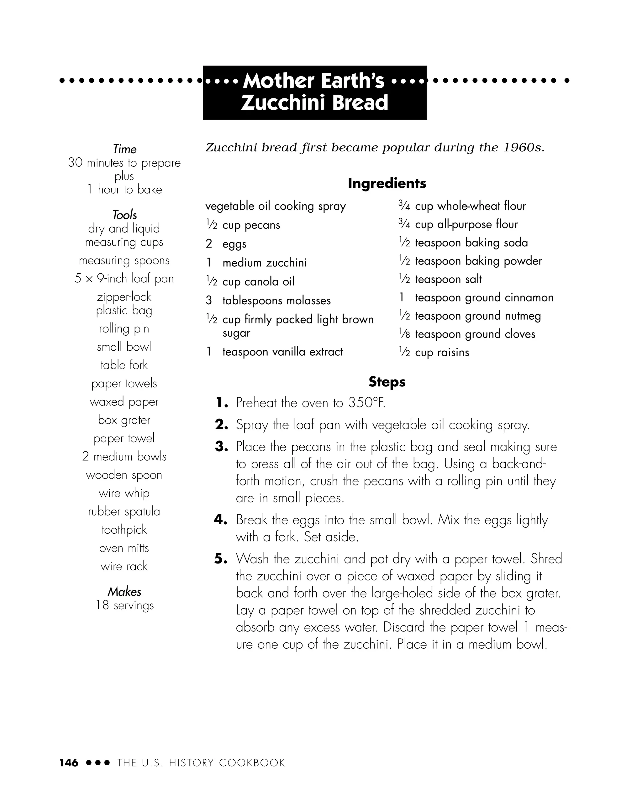 Zucchini bread first became popular during the 1960s.
Ingredients
Steps
1. Preheat the oven to 350°F.
2. Spray the loaf pan with vegetable oil cooking spray.
3. Place the pecans in the plastic bag and seal making sure
to press all of the air out of the bag. Using a back-and-
forth motion, crush the pecans with a rolling pin until they
are in small pieces.
4. Break the eggs into the small bowl. Mix the eggs lightly
with a fork. Set aside.
5. Wash the zucchini and pat dry with a paper towel. Shred
the zucchini over a piece of waxed paper by sliding it
back and forth over the large-holed side of the box grater.
Lay a paper towel on top of the shredded zucchini to
absorb any excess water. Discard the paper towel 1 meas-
ure one cup of the zucchini. Place it in a medium bowl.
Time
30 minutes to prepare
plus
1 hour to bake
Tools
dry and liquid
measuring cups
measuring spoons
5 × 9-inch loaf pan
zipper-lock
plastic bag
rolling pin
small bowl
table fork
paper towels
waxed paper
box grater
paper towel
2 medium bowls
wooden spoon
wire whip
rubber spatula
toothpick
oven mitts
wire rack
Makes
18 servings
146 ● ● ● THE U.S. HISTORY COOKBOOK
vegetable oil cooking spray
1
⁄2 cup pecans
2 eggs
1 medium zucchini
1⁄2 cup canola oil
3 tablespoons molasses
1⁄2 cup ﬁrmly packed light brown
sugar
1 teaspoon vanilla extract
3
⁄4 cup whole-wheat ﬂour
3
⁄4 cup all-purpose ﬂour
1
⁄2 teaspoon baking soda
1
⁄2 teaspoon baking powder
1⁄2 teaspoon salt
1 teaspoon ground cinnamon
1⁄2 teaspoon ground nutmeg
1⁄8 teaspoon ground cloves
1⁄2 cup raisins
● ● ● ●
Mother Earth’s ● ● ● ●
Zucchini Bread
 