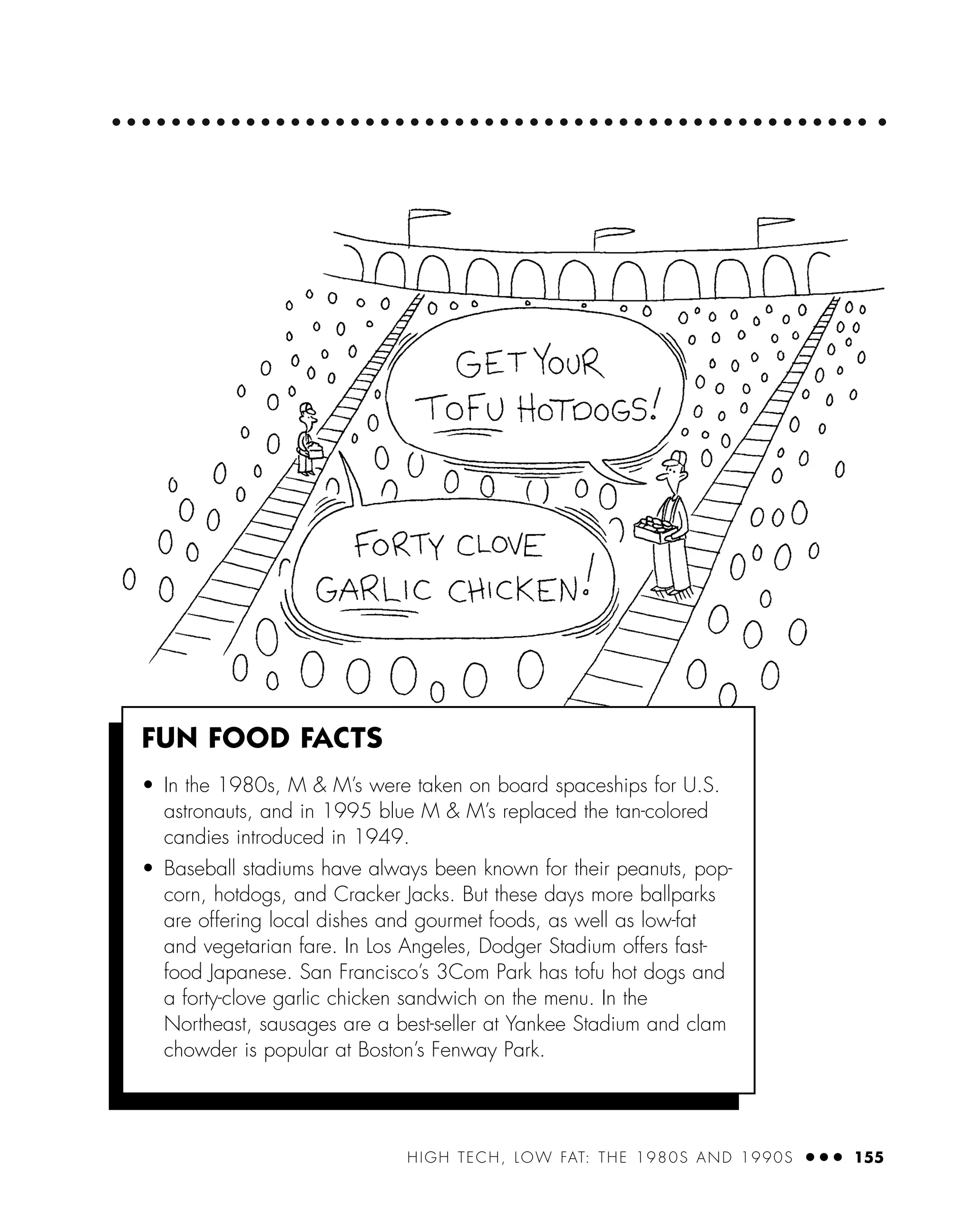 HIGH TECH, LOW FAT: THE 1980S AND 1990S ● ● ● 155
FUN FOOD FACTS
• In the 1980s, M & M’s were taken on board spaceships for U.S.
astronauts, and in 1995 blue M & M’s replaced the tan-colored
candies introduced in 1949.
• Baseball stadiums have always been known for their peanuts, pop-
corn, hotdogs, and Cracker Jacks. But these days more ballparks
are offering local dishes and gourmet foods, as well as low-fat
and vegetarian fare. In Los Angeles, Dodger Stadium offers fast-
food Japanese. San Francisco’s 3Com Park has tofu hot dogs and
a forty-clove garlic chicken sandwich on the menu. In the
Northeast, sausages are a best-seller at Yankee Stadium and clam
chowder is popular at Boston’s Fenway Park.
 