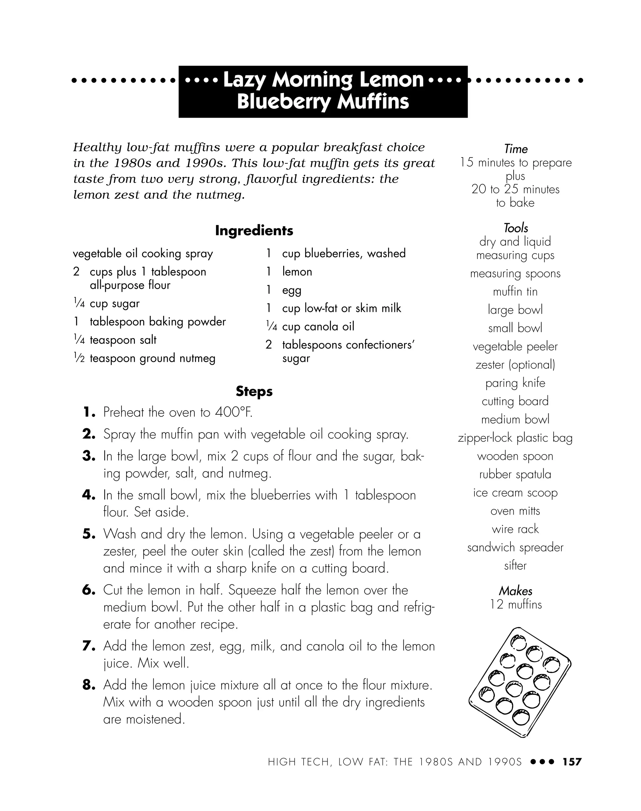 HIGH TECH, LOW FAT: THE 1980S AND 1990S ● ● ● 157
● ● ● ●
Lazy Morning Lemon ● ● ● ●
Blueberry Mufﬁns
Healthy low-fat muffins were a popular breakfast choice
in the 1980s and 1990s. This low-fat muffin gets its great
taste from two very strong, flavorful ingredients: the
lemon zest and the nutmeg.
Ingredients
Steps
1. Preheat the oven to 400°F.
2. Spray the mufﬁn pan with vegetable oil cooking spray.
3. In the large bowl, mix 2 cups of ﬂour and the sugar, bak-
ing powder, salt, and nutmeg.
4. In the small bowl, mix the blueberries with 1 tablespoon
ﬂour. Set aside.
5. Wash and dry the lemon. Using a vegetable peeler or a
zester, peel the outer skin (called the zest) from the lemon
and mince it with a sharp knife on a cutting board.
6. Cut the lemon in half. Squeeze half the lemon over the
medium bowl. Put the other half in a plastic bag and refrig-
erate for another recipe.
7. Add the lemon zest, egg, milk, and canola oil to the lemon
juice. Mix well.
8. Add the lemon juice mixture all at once to the ﬂour mixture.
Mix with a wooden spoon just until all the dry ingredients
are moistened.
vegetable oil cooking spray
2 cups plus 1 tablespoon
all-purpose ﬂour
1⁄4 cup sugar
1 tablespoon baking powder
1⁄4 teaspoon salt
1⁄2 teaspoon ground nutmeg
1 cup blueberries, washed
1 lemon
1 egg
1 cup low-fat or skim milk
1⁄4 cup canola oil
2 tablespoons confectioners’
sugar
Time
15 minutes to prepare
plus
20 to 25 minutes
to bake
Tools
dry and liquid
measuring cups
measuring spoons
mufﬁn tin
large bowl
small bowl
vegetable peeler
zester (optional)
paring knife
cutting board
medium bowl
zipper-lock plastic bag
wooden spoon
rubber spatula
ice cream scoop
oven mitts
wire rack
sandwich spreader
sifter
Makes
12 mufﬁns
 