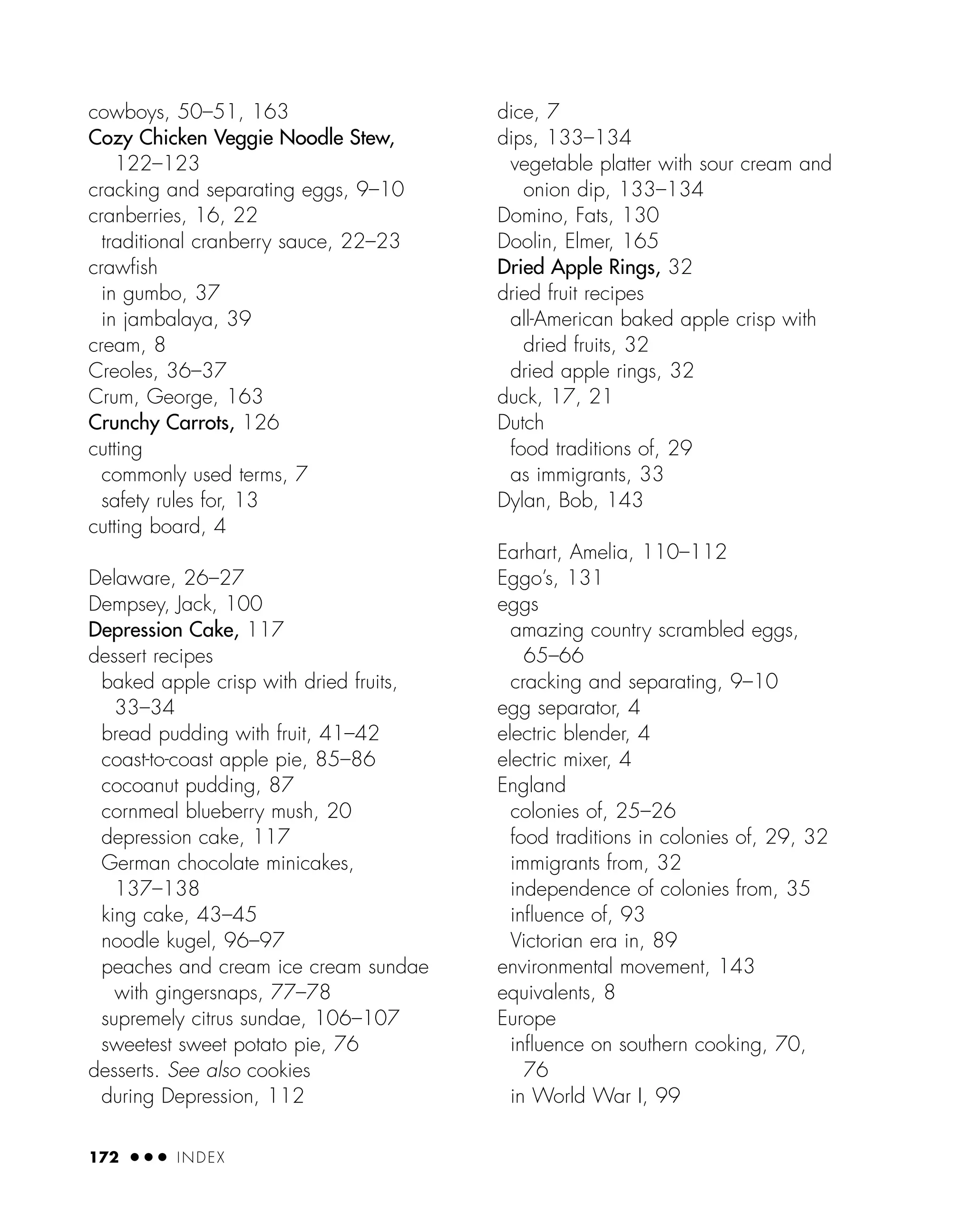 cowboys, 50–51, 163
Cozy Chicken Veggie Noodle Stew,
122–123
cracking and separating eggs, 9–10
cranberries, 16, 22
traditional cranberry sauce, 22–23
crawﬁsh
in gumbo, 37
in jambalaya, 39
cream, 8
Creoles, 36–37
Crum, George, 163
Crunchy Carrots, 126
cutting
commonly used terms, 7
safety rules for, 13
cutting board, 4
Delaware, 26–27
Dempsey, Jack, 100
Depression Cake, 117
dessert recipes
baked apple crisp with dried fruits,
33–34
bread pudding with fruit, 41–42
coast-to-coast apple pie, 85–86
cocoanut pudding, 87
cornmeal blueberry mush, 20
depression cake, 117
German chocolate minicakes,
137–138
king cake, 43–45
noodle kugel, 96–97
peaches and cream ice cream sundae
with gingersnaps, 77–78
supremely citrus sundae, 106–107
sweetest sweet potato pie, 76
desserts. See also cookies
during Depression, 112
dice, 7
dips, 133–134
vegetable platter with sour cream and
onion dip, 133–134
Domino, Fats, 130
Doolin, Elmer, 165
Dried Apple Rings, 32
dried fruit recipes
all-American baked apple crisp with
dried fruits, 32
dried apple rings, 32
duck, 17, 21
Dutch
food traditions of, 29
as immigrants, 33
Dylan, Bob, 143
Earhart, Amelia, 110–112
Eggo’s, 131
eggs
amazing country scrambled eggs,
65–66
cracking and separating, 9–10
egg separator, 4
electric blender, 4
electric mixer, 4
England
colonies of, 25–26
food traditions in colonies of, 29, 32
immigrants from, 32
independence of colonies from, 35
inﬂuence of, 93
Victorian era in, 89
environmental movement, 143
equivalents, 8
Europe
inﬂuence on southern cooking, 70,
76
in World War I, 99
172 ● ● ● INDEX
 