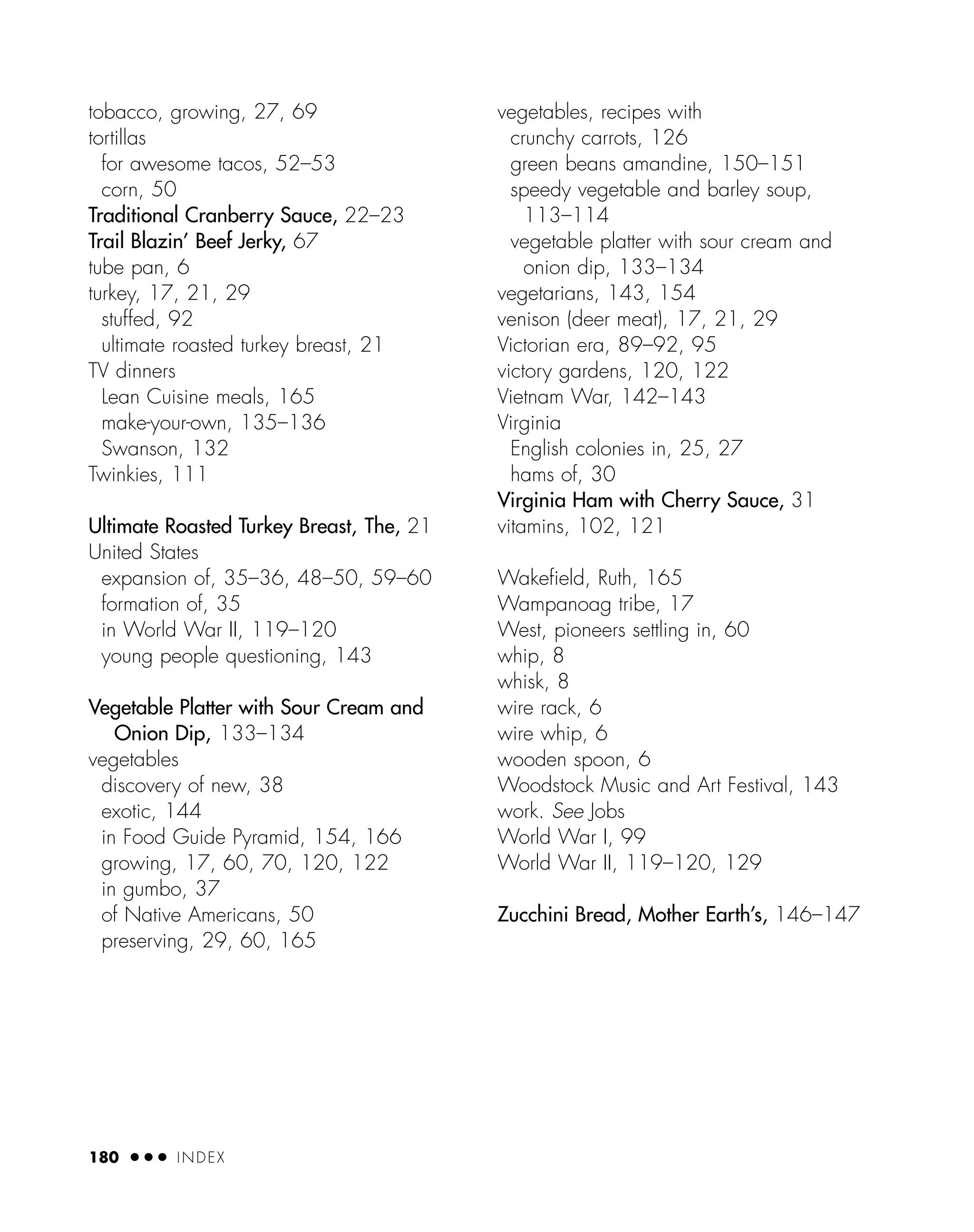 tobacco, growing, 27, 69
tortillas
for awesome tacos, 52–53
corn, 50
Traditional Cranberry Sauce, 22–23
Trail Blazin’ Beef Jerky, 67
tube pan, 6
turkey, 17, 21, 29
stuffed, 92
ultimate roasted turkey breast, 21
TV dinners
Lean Cuisine meals, 165
make-your-own, 135–136
Swanson, 132
Twinkies, 111
Ultimate Roasted Turkey Breast, The, 21
United States
expansion of, 35–36, 48–50, 59–60
formation of, 35
in World War II, 119–120
young people questioning, 143
Vegetable Platter with Sour Cream and
Onion Dip, 133–134
vegetables
discovery of new, 38
exotic, 144
in Food Guide Pyramid, 154, 166
growing, 17, 60, 70, 120, 122
in gumbo, 37
of Native Americans, 50
preserving, 29, 60, 165
vegetables, recipes with
crunchy carrots, 126
green beans amandine, 150–151
speedy vegetable and barley soup,
113–114
vegetable platter with sour cream and
onion dip, 133–134
vegetarians, 143, 154
venison (deer meat), 17, 21, 29
Victorian era, 89–92, 95
victory gardens, 120, 122
Vietnam War, 142–143
Virginia
English colonies in, 25, 27
hams of, 30
Virginia Ham with Cherry Sauce, 31
vitamins, 102, 121
Wakeﬁeld, Ruth, 165
Wampanoag tribe, 17
West, pioneers settling in, 60
whip, 8
whisk, 8
wire rack, 6
wire whip, 6
wooden spoon, 6
Woodstock Music and Art Festival, 143
work. See Jobs
World War I, 99
World War II, 119–120, 129
Zucchini Bread, Mother Earth’s, 146–147
180 ● ● ● INDEX
 