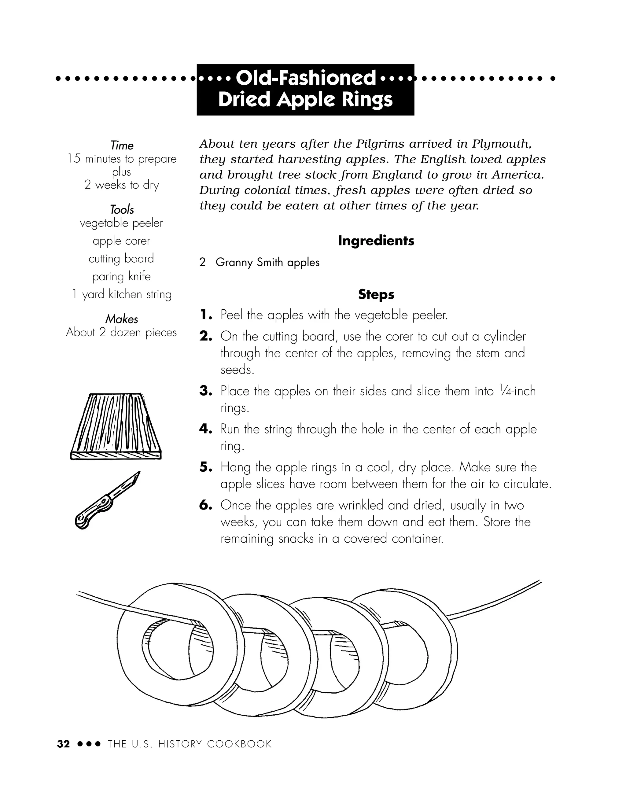 32 ● ● ● THE U.S. HISTORY COOKBOOK
● ● ● ●
Old-Fashioned ● ● ● ●
Dried Apple Rings
About ten years after the Pilgrims arrived in Plymouth,
they started harvesting apples. The English loved apples
and brought tree stock from England to grow in America.
During colonial times, fresh apples were often dried so
they could be eaten at other times of the year.
Ingredients
Steps
1. Peel the apples with the vegetable peeler.
2. On the cutting board, use the corer to cut out a cylinder
through the center of the apples, removing the stem and
seeds.
3. Place the apples on their sides and slice them into 1
⁄4-inch
rings.
4. Run the string through the hole in the center of each apple
ring.
5. Hang the apple rings in a cool, dry place. Make sure the
apple slices have room between them for the air to circulate.
6. Once the apples are wrinkled and dried, usually in two
weeks, you can take them down and eat them. Store the
remaining snacks in a covered container.
2 Granny Smith apples
Time
15 minutes to prepare
plus
2 weeks to dry
Tools
vegetable peeler
apple corer
cutting board
paring knife
1 yard kitchen string
Makes
About 2 dozen pieces
 