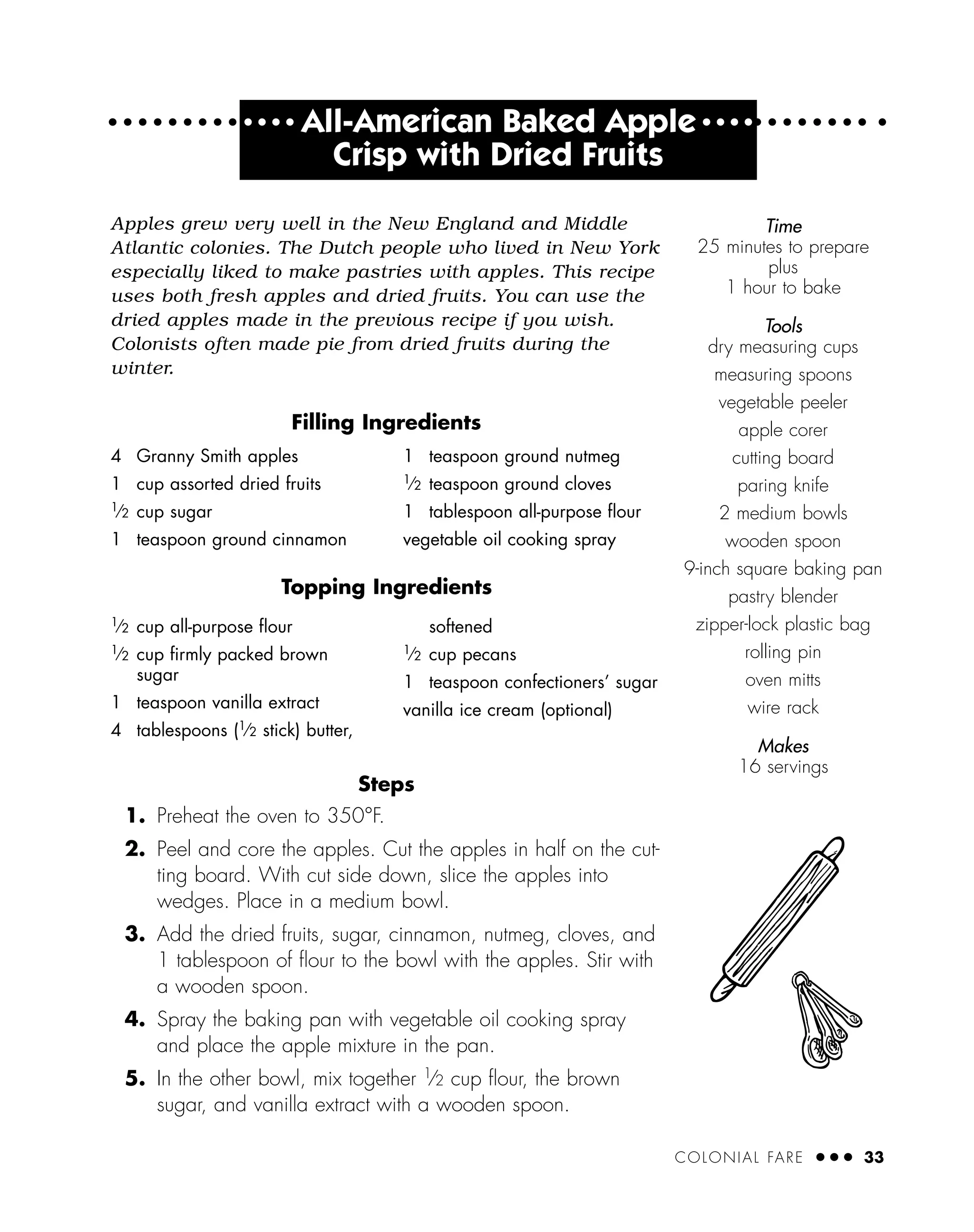 COLONIAL FARE ● ● ● 33
● ● ● ●
All-American Baked Apple ● ● ● ●
Crisp with Dried Fruits
Apples grew very well in the New England and Middle
Atlantic colonies. The Dutch people who lived in New York
especially liked to make pastries with apples. This recipe
uses both fresh apples and dried fruits. You can use the
dried apples made in the previous recipe if you wish.
Colonists often made pie from dried fruits during the
winter.
Filling Ingredients
Steps
1. Preheat the oven to 350°F.
2. Peel and core the apples. Cut the apples in half on the cut-
ting board. With cut side down, slice the apples into
wedges. Place in a medium bowl.
3. Add the dried fruits, sugar, cinnamon, nutmeg, cloves, and
1 tablespoon of ﬂour to the bowl with the apples. Stir with
a wooden spoon.
4. Spray the baking pan with vegetable oil cooking spray
and place the apple mixture in the pan.
5. In the other bowl, mix together 1
⁄2 cup ﬂour, the brown
sugar, and vanilla extract with a wooden spoon.
4 Granny Smith apples
1 cup assorted dried fruits
1⁄2 cup sugar
1 teaspoon ground cinnamon
1 teaspoon ground nutmeg
1⁄2 teaspoon ground cloves
1 tablespoon all-purpose ﬂour
vegetable oil cooking spray
Time
25 minutes to prepare
plus
1 hour to bake
Tools
dry measuring cups
measuring spoons
vegetable peeler
apple corer
cutting board
paring knife
2 medium bowls
wooden spoon
9-inch square baking pan
pastry blender
zipper-lock plastic bag
rolling pin
oven mitts
wire rack
Makes
16 servings
1
⁄2 cup all-purpose ﬂour
1
⁄2 cup ﬁrmly packed brown
sugar
1 teaspoon vanilla extract
4 tablespoons (1
⁄2 stick) butter,
softened
1
⁄2 cup pecans
1 teaspoon confectioners’ sugar
vanilla ice cream (optional)
Topping Ingredients
 