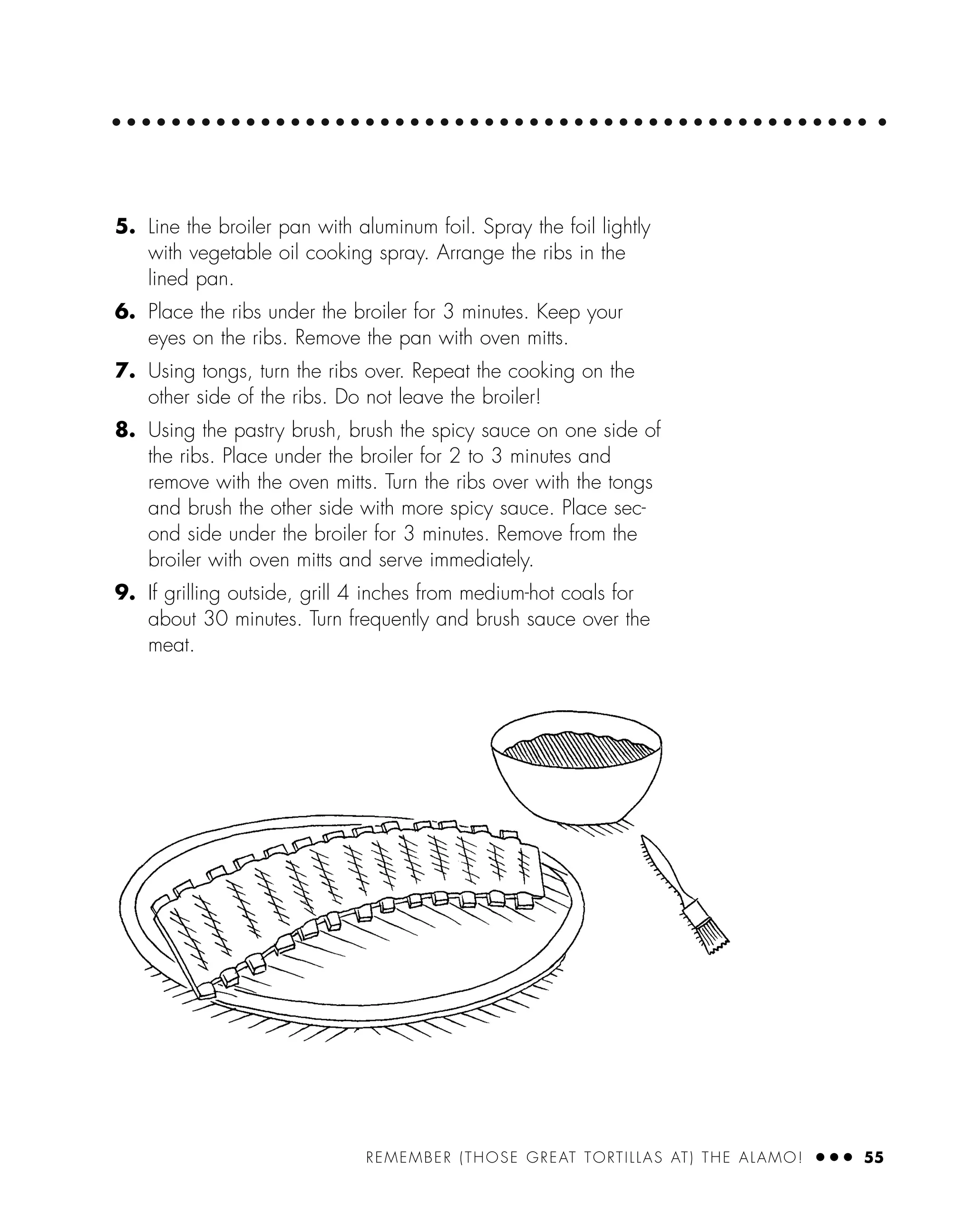 REMEMBER (THOSE GREAT TORTILLAS AT) THE ALAMO! ● ● ● 55
5. Line the broiler pan with aluminum foil. Spray the foil lightly
with vegetable oil cooking spray. Arrange the ribs in the
lined pan.
6. Place the ribs under the broiler for 3 minutes. Keep your
eyes on the ribs. Remove the pan with oven mitts.
7. Using tongs, turn the ribs over. Repeat the cooking on the
other side of the ribs. Do not leave the broiler!
8. Using the pastry brush, brush the spicy sauce on one side of
the ribs. Place under the broiler for 2 to 3 minutes and
remove with the oven mitts. Turn the ribs over with the tongs
and brush the other side with more spicy sauce. Place sec-
ond side under the broiler for 3 minutes. Remove from the
broiler with oven mitts and serve immediately.
9. If grilling outside, grill 4 inches from medium-hot coals for
about 30 minutes. Turn frequently and brush sauce over the
meat.
 