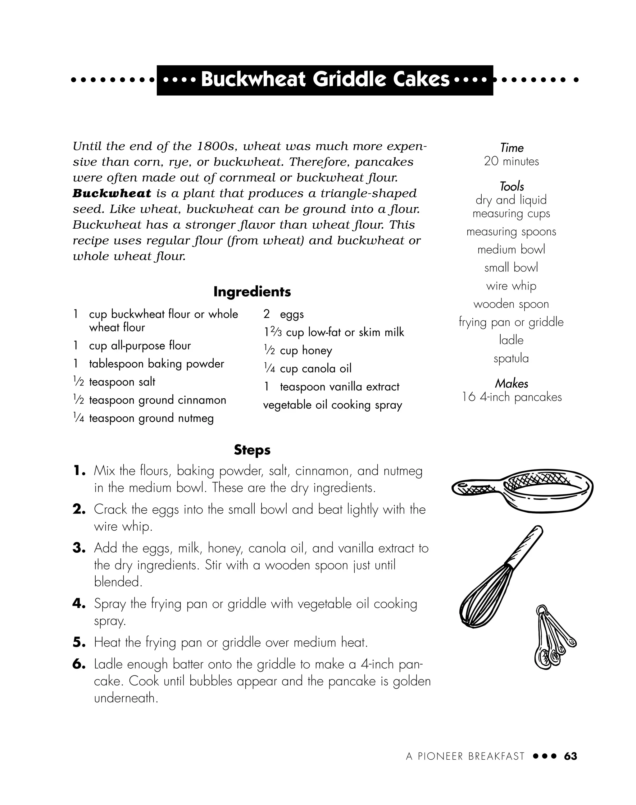 A PIONEER BREAKFAST ● ● ● 63
● ● ● ●
Buckwheat Griddle Cakes ● ● ● ●
Until the end of the 1800s, wheat was much more expen-
sive than corn, rye, or buckwheat. Therefore, pancakes
were often made out of cornmeal or buckwheat flour.
Buckwheat is a plant that produces a triangle-shaped
seed. Like wheat, buckwheat can be ground into a flour.
Buckwheat has a stronger flavor than wheat flour. This
recipe uses regular flour (from wheat) and buckwheat or
whole wheat flour.
Ingredients
Steps
1. Mix the ﬂours, baking powder, salt, cinnamon, and nutmeg
in the medium bowl. These are the dry ingredients.
2. Crack the eggs into the small bowl and beat lightly with the
wire whip.
3. Add the eggs, milk, honey, canola oil, and vanilla extract to
the dry ingredients. Stir with a wooden spoon just until
blended.
4. Spray the frying pan or griddle with vegetable oil cooking
spray.
5. Heat the frying pan or griddle over medium heat.
6. Ladle enough batter onto the griddle to make a 4-inch pan-
cake. Cook until bubbles appear and the pancake is golden
underneath.
1 cup buckwheat ﬂour or whole
wheat ﬂour
1 cup all-purpose ﬂour
1 tablespoon baking powder
1
⁄2 teaspoon salt
1
⁄2 teaspoon ground cinnamon
1
⁄4 teaspoon ground nutmeg
2 eggs
12
⁄3 cup low-fat or skim milk
1
⁄2 cup honey
1
⁄4 cup canola oil
1 teaspoon vanilla extract
vegetable oil cooking spray
Time
20 minutes
Tools
dry and liquid
measuring cups
measuring spoons
medium bowl
small bowl
wire whip
wooden spoon
frying pan or griddle
ladle
spatula
Makes
16 4-inch pancakes
 