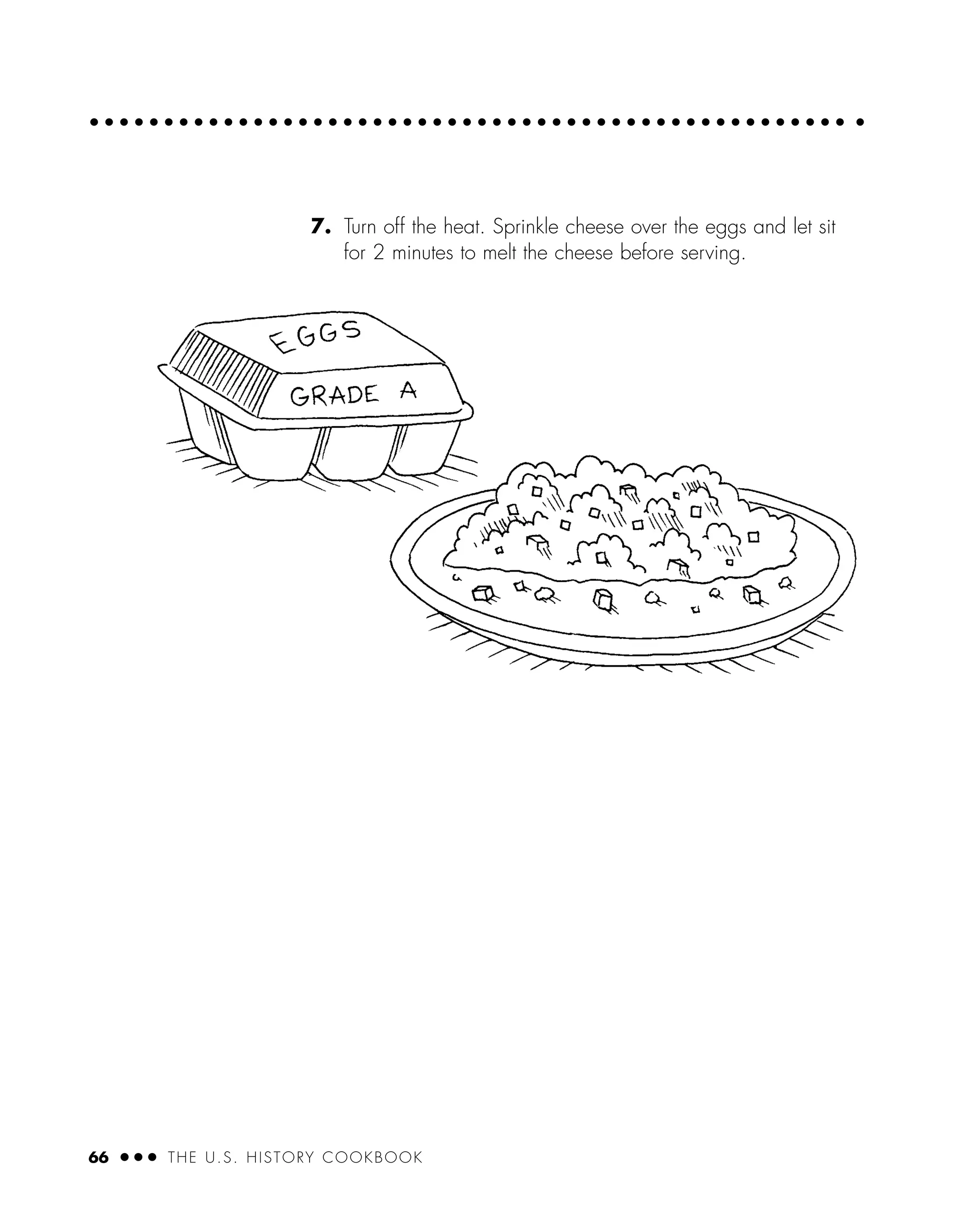7. Turn off the heat. Sprinkle cheese over the eggs and let sit
for 2 minutes to melt the cheese before serving.
66 ● ● ● THE U.S. HISTORY COOKBOOK
 