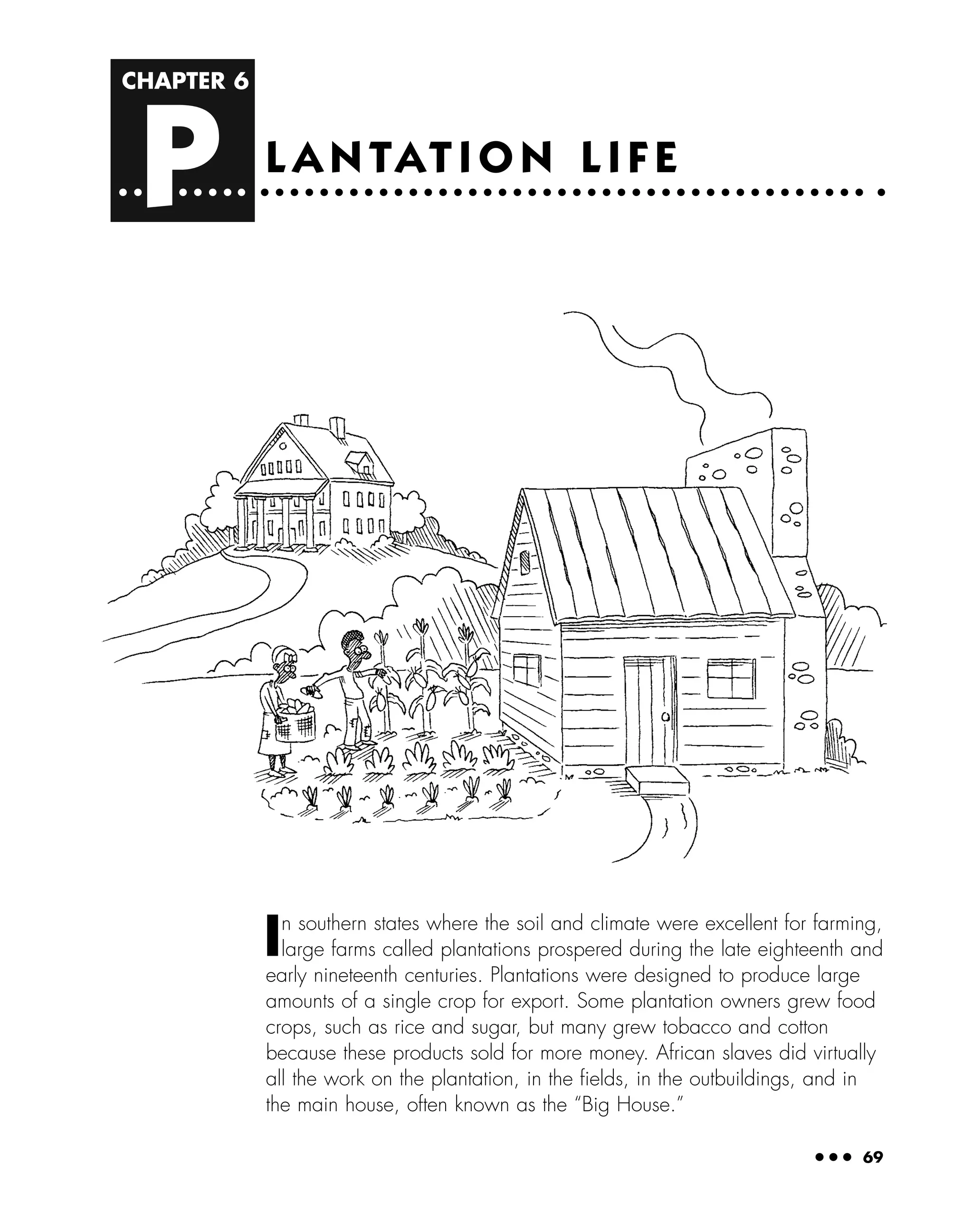 CHAPTER 6
P
● ● ● 69
L A N TAT I O N L I F E
In southern states where the soil and climate were excellent for farming,
large farms called plantations prospered during the late eighteenth and
early nineteenth centuries. Plantations were designed to produce large
amounts of a single crop for export. Some plantation owners grew food
crops, such as rice and sugar, but many grew tobacco and cotton
because these products sold for more money. African slaves did virtually
all the work on the plantation, in the ﬁelds, in the outbuildings, and in
the main house, often known as the “Big House.”
 