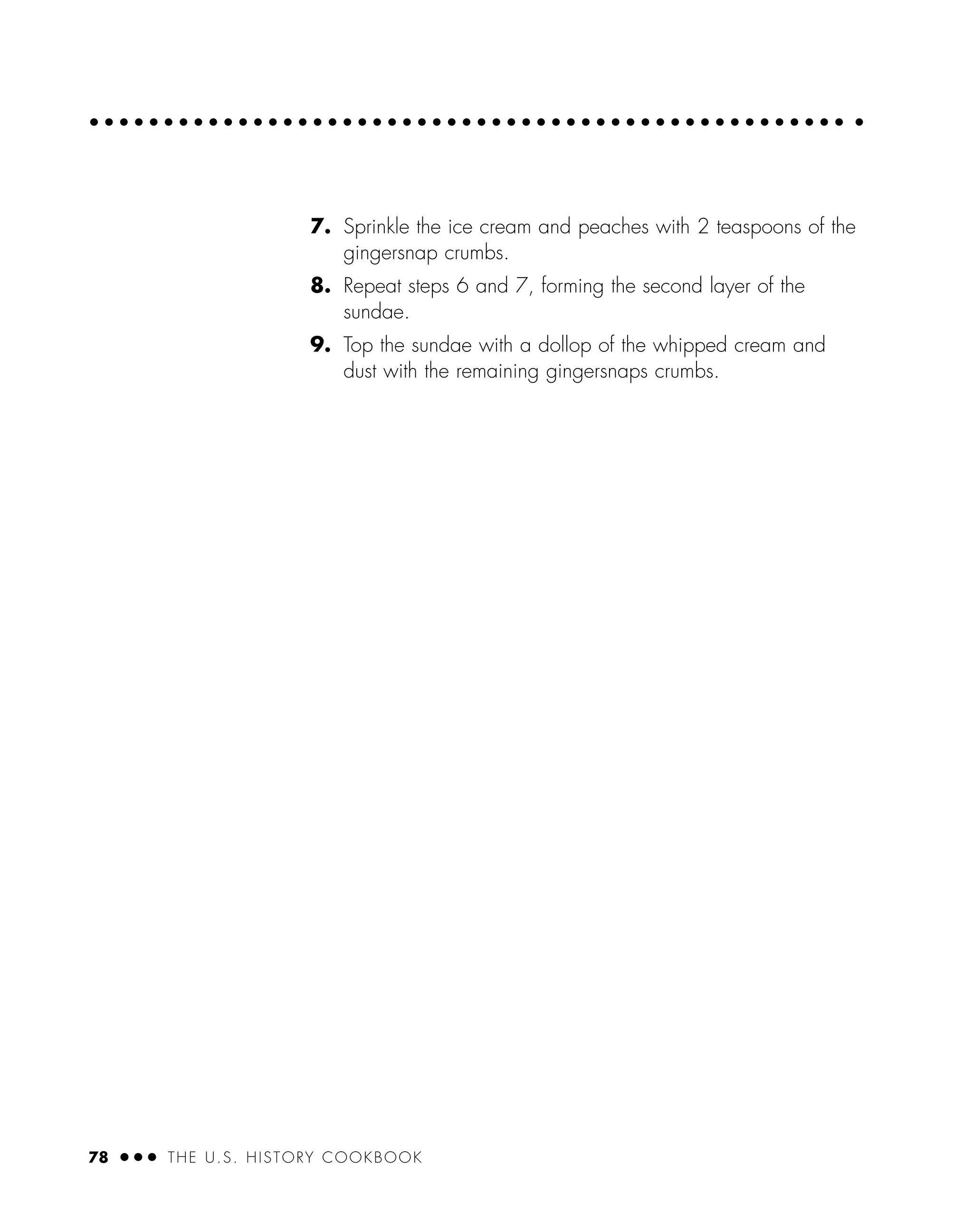 7. Sprinkle the ice cream and peaches with 2 teaspoons of the
gingersnap crumbs.
8. Repeat steps 6 and 7, forming the second layer of the
sundae.
9. Top the sundae with a dollop of the whipped cream and
dust with the remaining gingersnaps crumbs.
78 ● ● ● THE U.S. HISTORY COOKBOOK
 
