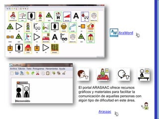 AraWord
El portal ARASAAC ofrece recursos
gráficos y materiales para facilitar la
comunicación de aquellas personas con
algún tipo de dificultad en este área.
Arasaac
 