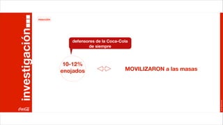 reacción


investigación
                              defensores de la Coca-Cola
                                     de siempre



                            10-12%
                           enojados                   MOVILIZARON a las masas




                                                                                Joan Estornell
 
