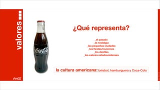 valores
                    ¿Qué representa?
                                    _el pasado
                                   _la nostalgia
                             _las pequeñas ciudades
                              _las ﬁestas/reuniones
                                   _los desﬁles
                          _los valores estadounidenses




          la cultura americana: béisbol, hamburguera y Coca-Cola




                                                                   Joan Estornell
 