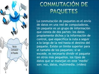 La conmutación de paquetes es el envío
de datos en una red de computadoras.
Un paquete es un grupo de información
que consta de dos partes: los datos
propiamente dichos y la información de
control, que especifica la ruta a seguir
a lo largo de la red hasta el destino del
paquete. Existe un límite superior para
el tamaño de los paquetes; si se
excede, es necesario dividir el paquete
en otros más pequeños. los tipos de
datos que se manejan en este "medio"
son: voz, datos, multimedia. (video)
 