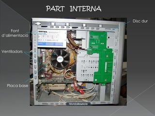 PART INTERNA
                               Disc dur

     Font
d’alimentació



Ventiladors




  Placa base
 