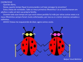 [10/08/2014] 
Querido diário, 
Nossa, quanto tempo fiquei te procurando e só hoje consegui te encontrar! 
Estou cheias de novidades. Sabe os meus primeiros filhotinhos? Já se transformaram em 
adultos e cada um tem sua própria família. 
Durante todo esse tempo em que você esteve perdido fui mãe por várias outras vezes e os 
meus filhotinhos sempre foram muito esfomeados, por isso eu e o Júnior estamos cansados e 
velhinhos. 
Ahhhh! Estava me esquecendo de dizer, agora somos vovós. 
Beijos! Vovó Belinha! 
 