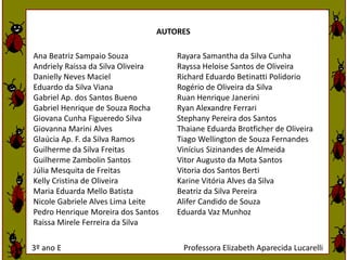 AUTORES 
Ana Beatriz Sampaio Souza 
Andriely Raissa da Silva Oliveira 
Danielly Neves Maciel 
Eduardo da Silva Viana 
Gabriel Ap. dos Santos Bueno 
Gabriel Henrique de Souza Rocha 
Giovana Cunha Figueredo Silva 
Giovanna Marini Alves 
Glaúcia Ap. F. da Silva Ramos 
Guilherme da Silva Freitas 
Guilherme Zambolin Santos 
Júlia Mesquita de Freitas 
Kelly Cristina de Oliveira 
Maria Eduarda Mello Batista 
Nicole Gabriele Alves Lima Leite 
Pedro Henrique Moreira dos Santos 
Raissa Mirele Ferreira da Silva 
Rayara Samantha da Silva Cunha 
Rayssa Heloise Santos de Oliveira 
Richard Eduardo Betinatti Polidorio 
Rogério de Oliveira da Silva 
Ruan Henrique Janerini 
Ryan Alexandre Ferrari 
Stephany Pereira dos Santos 
Thaiane Eduarda Brotficher de Oliveira 
Tiago Wellington de Souza Fernandes 
Vinícius Sizinandes de Almeida 
Vitor Augusto da Mota Santos 
Vitoria dos Santos Berti 
Karine Vitória Alves da Silva 
Beatriz da Silva Pereira 
Alifer Candido de Souza 
Eduarda Vaz Munhoz 
3º ano E Professora Elizabeth Aparecida Lucarelli 
 