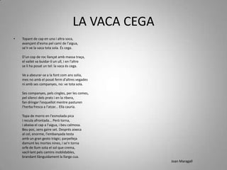 LA VACA CEGA
•   Topant de cap en una i altra soca,
    avançant d'esma pel camí de l'aigua,
    se'n ve la vaca tota sola. És cega.

    D'un cop de roc llançat amb massa traça,
    el vailet va buidar-li un ull, i en l'altre
    se li ha posat un tel: la vaca és cega.

    Ve a abeurar-se a la font com ans solia,
    mes no amb el posat ferm d'altres vegades
    ni amb ses companyes, no: ve tota sola.

    Ses companyes, pels cingles, per les comes,
    pel silenci dels prats i en la ribera,
    fan dringar l'esquellot mentre pasturen
    l'herba fresca a l'atzar... Ella cauria.

    Topa de morro en l'esmolada pica
    i recula afrontada... Però torna,
    i abaixa el cap a l'aigua, i beu calmosa.
    Beu poc, sens gaire set. Després aixeca
    al cel, enorme, l'embanyada testa
    amb un gran gesto tràgic; parpelleja
    damunt les mortes nines, i se'n torna
    orfe de llum sota el sol que crema,
    vacil·lant pels camins inoblidables,
    brandant llànguidament la llarga cua.
                                                     Joan Maragall
 