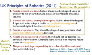 1. Robots are multi-use tools. Robots should not be designed solely or
primarily to kill or harm humans, except in the interests of national
security.
2. Humans, not robots, are responsible agents. Robots should be designed
& operated as far as is practicable to comply with existing laws &
fundamental rights & freedoms, including privacy.
3. Robots are products. They should be designed using processes which
assure their safety and security. [devops]
4. Robots are manufactured artefacts.They should not be designed in a
deceptive way to exploit vulnerable users; instead their machine nature
should be transparent.
5. The person with legal responsibility for a robot should be attributed.
[like automobile titles] Boden et al 2011; cf. Bryson AISB 2000; Bryson;
Prescott, Connection Science, 2017; Floridi 2018.
UK Principles of Robotics (2011)
Asimov’s Laws revised for
Manufacturer Responsibility
Owner /
Operator
Respon-
sibility
 